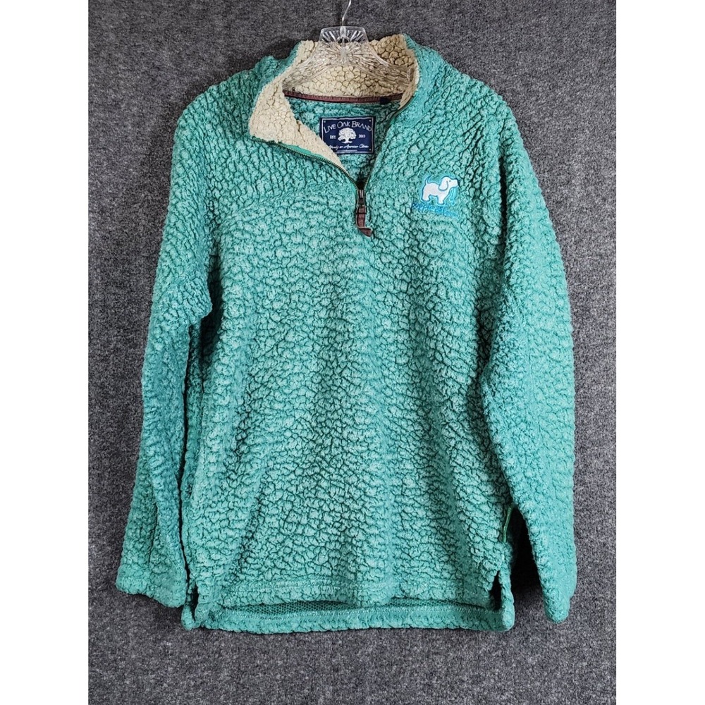 Live Oak Brand‎ Sherpa Fleece Pullover Womens Medium Teal Green Puppie Love Logo